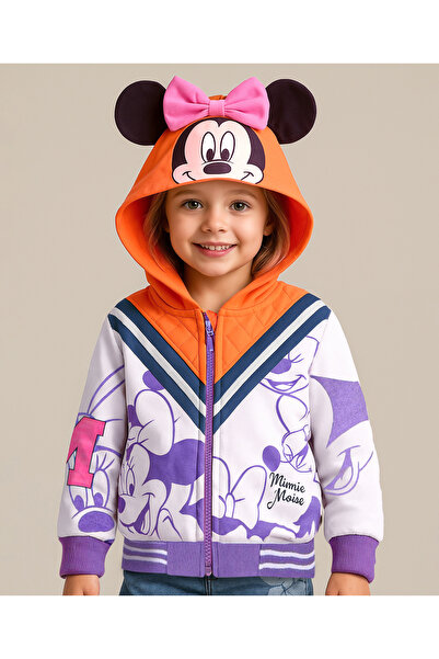 Babyhug Disney سترة رياضية محبوكة بأكمام طويلة وغطاء رأس، مزينة بطبعة ميني ما...