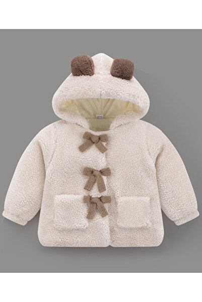 SAPS Solid Bow Applique Winter Jacket - White
