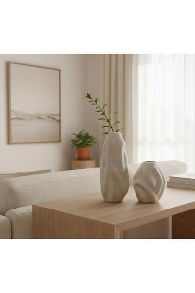 Home Seramik bej 2li dalga vazo seti(muadil marka)
