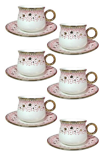 ALBETTO 6 Kişilik Bahar Esintisi Pembe Puantiyeli Gold Yaldızlı Kahve Fincan ...