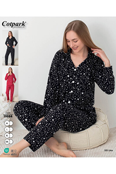 Cotpark Women's 100% Cotton Fabric Long Sleeve Shirt Collar Pajamas Set 19084