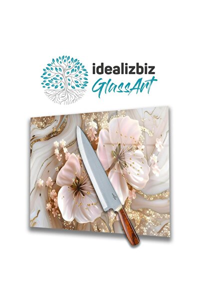 idealizbiz Glass Cutting Board Pink Flowers, Chopping Board, Presentation Board
