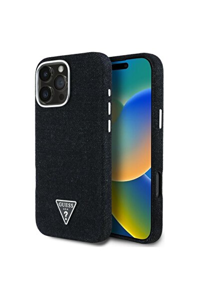 Guess Husă pentru iPhone 16 Pro, Denim Triangle Logo MagSafe, Negru