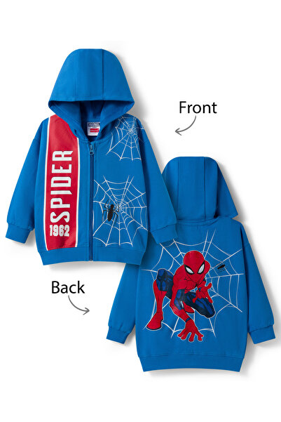 Babyhug Marvel Terry Knit Drop Shoulder Full Sleeve Hooded SweatJacket - Blue