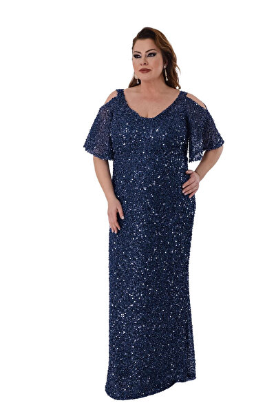 LİLAS XXL Women's Plus Size Full Sequin Embroidered Half Sleeve Maxi Length E...