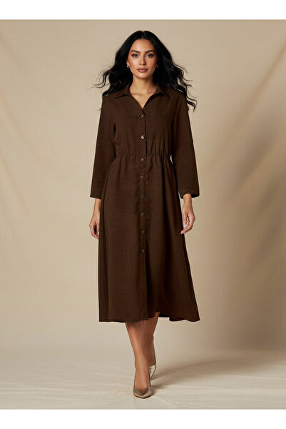 FAV فستان قميص من الكتان متوسط ​​الطول بأكمام ثلاثة أرباع