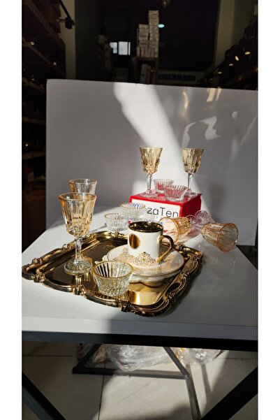 zaTen Pazar 12-Piece Luxury Coffee Presentation Set - 6-Piece Footed Coffee Side Cups and 6-Piece Gilded Mini Turkish Delight Bowls Set