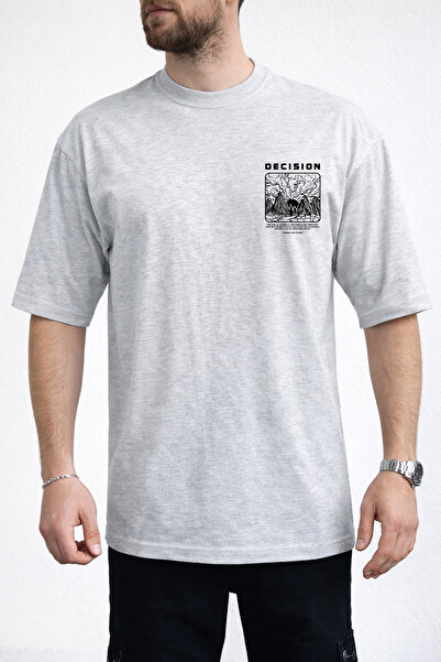 caddekombin Men's Decision Chest Lettering Printed Crew Neck Gray T-Shirt