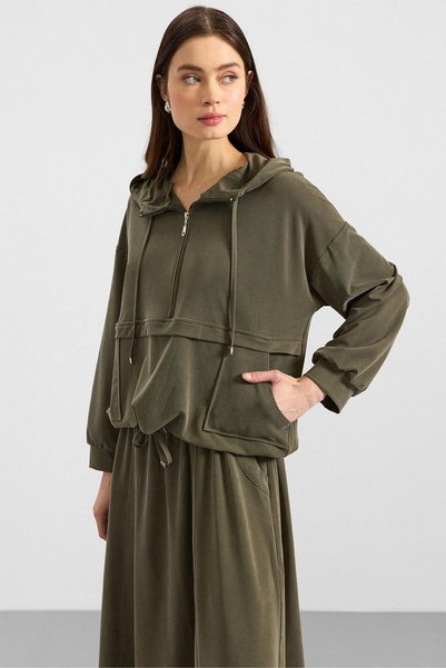 Olcay Hooded Lace Detailed Premium Fabric Sweat Skirt Set Khaki 9403-Tk