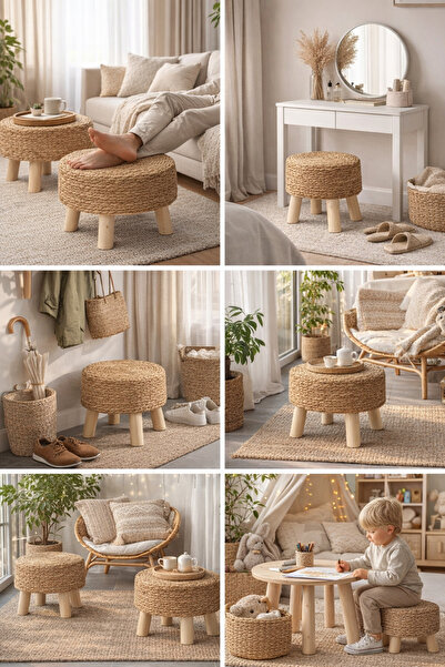 CNRWOOD 3'lü Doğal Hasır Puf – El Yapımı-Dekoratif Masif Ahşap Oturma Tabure ...
