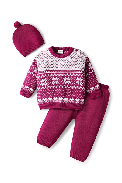 Babyhug Knitted Full Sleeves Pullover Sweater and Pants Set with Heart Design...