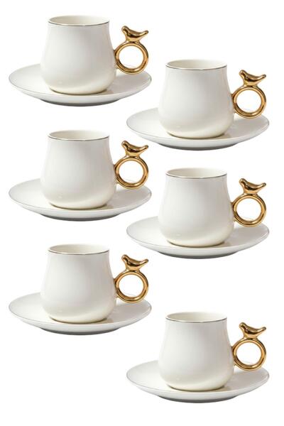 ALBETTO 6 Kişilik Altın Yaldızlı Kuş Figürlü Türk Kahvesi Fincanı - 90 ml