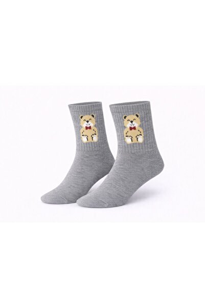 İpeksi Gray Teddy Bear Patterned Seamless Combed Cotton Socks