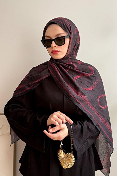 poplin BORDO ZİNCİR DETAYLI DESENLİ BAMBU KRAŞ ŞAL