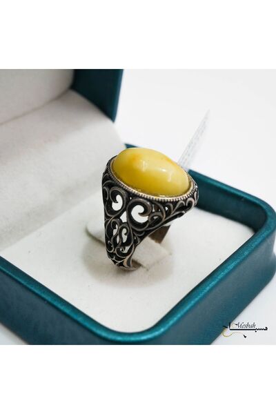 Generic خاتم كهرماني مصنوع يدويًا – تصميم فضي عتيق مزخرف