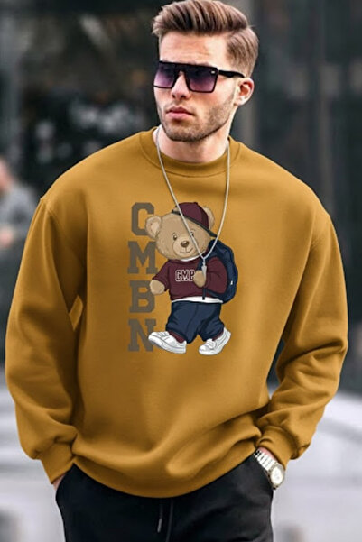 COMBİNE MİCHAİL سويت شيرت رجالي مطبوع قصة فضفاضة باللون الخردلي