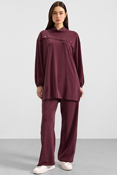 Olcay Premium Fabric Sweat Pant Set with Metal Accessories Bordo 9404-Tk