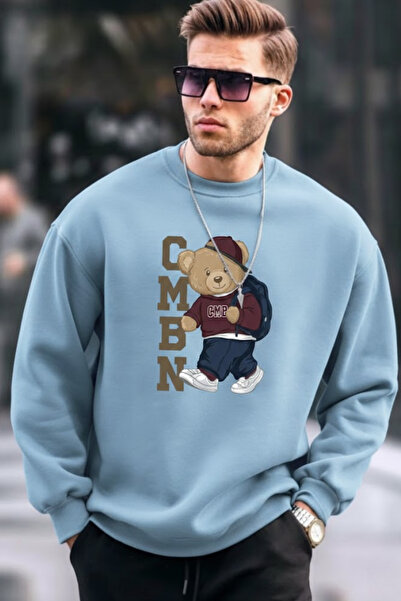 COMBİNE MİCHAİL سويت شيرت رجالي مطبوع كبير الحجم باللون الأزرق