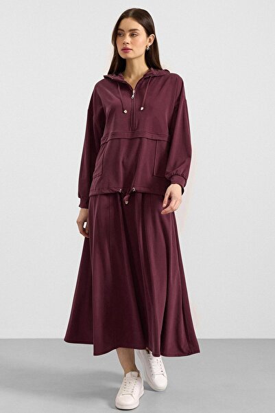Olcay Hooded Lace Detailed Premium Fabric Sweat Skirt Set Bordo 9403-Tk