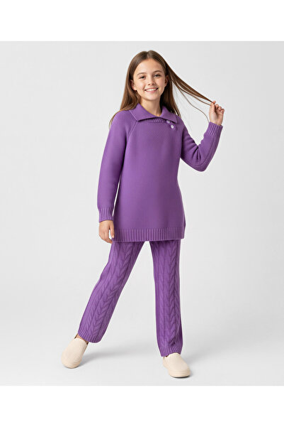 Pine kids طقم سترة محبوكة بأكمام راجلان كاملة بتصميم حياكة كابل - بنفسجي