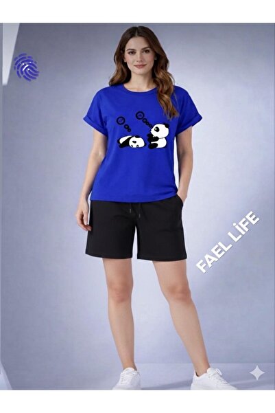 FAEL LİFE Wide Cut Girls'/Boys' T-Shirt and Shorts Set with Tenbel Panda Print