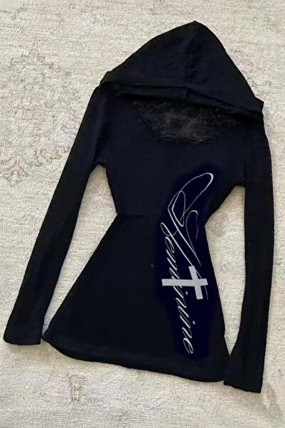 Karakedi Black Sleeve Cross Printed Grunge Y2K Hooded Long Sleeve Blouse
