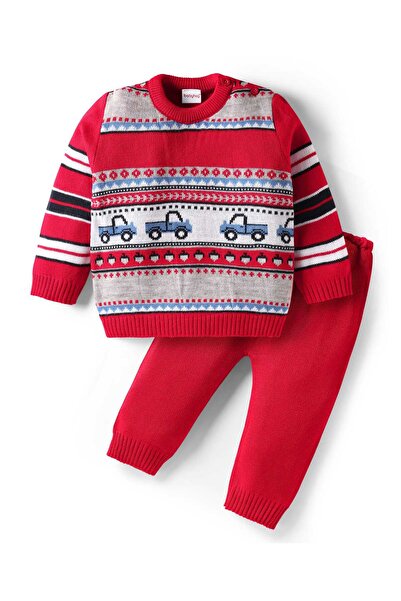 Babyhug Knit Full Sleeves Pullover Sweater Set with Vehicles Design - Red