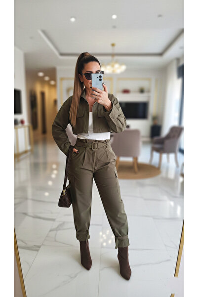 PINARKAYASTYLE Pants Jacket Top Bottom Khaki Set