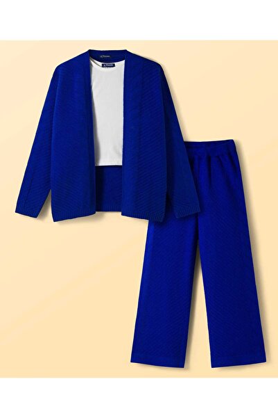 Pine kids Knit Full Sleeves Solid Color Front Open Sweater & Pants Set - Blue