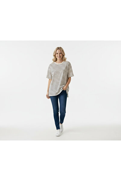 Oversize Çizgili Basic Tişört – Pamuk Penye, Beyaz Siyah, Kadın Günlük T-Shirt
