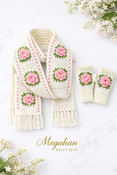diğerr1 Megahan Handmade Tig Filled Trendy Scarf Gloves Set White