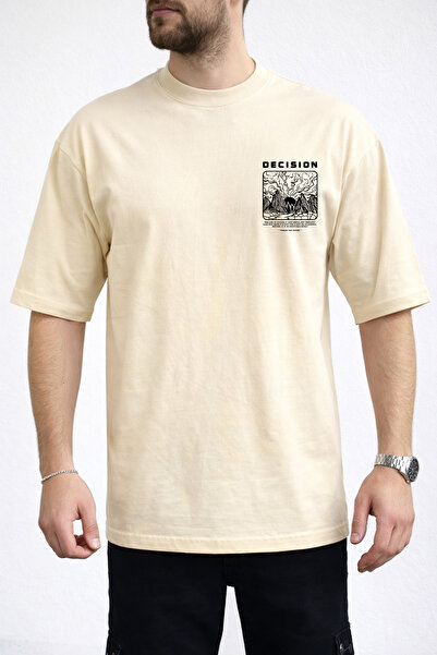 caddekombin Men's Decision Chest Lettering Printed Crew Neck Beige T-Shirt