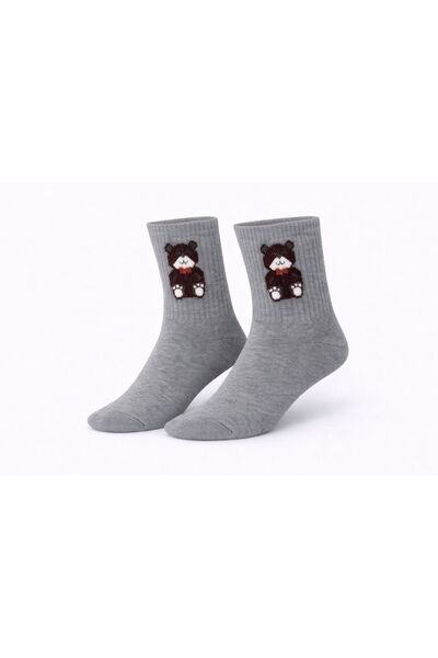 İpeksi Gray Teddy Bear Patterned Seamless Combed Cotton Socks