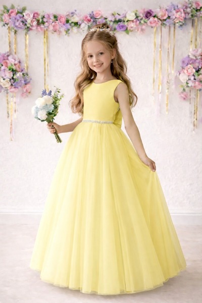 SUNEH Κοριτσίστικο κίτρινο φόρεμα από τούλι με πέρλες στη μέση και σατέν φιόγ...