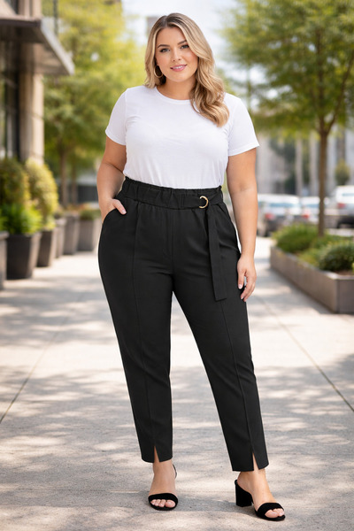 Çeşme Home Plus Size High Waist Belt Detailed Fit-Cut Black Trousers