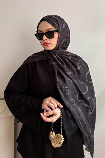 poplin GRİ ZİNCİR DETAYLI DESENLİ BAMBU KRAŞ ŞAL