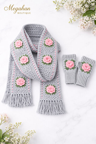 diğerr1 Megahan Handmade Tig Filled Trendy Scarf Gloves Set White
