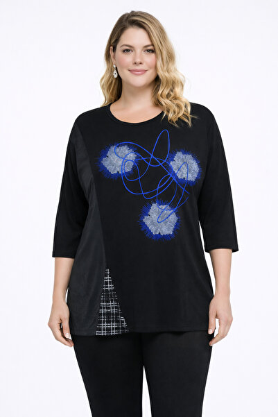 Şans Women's Plus Size Black-Sax, Low Sleeve, Printed, Crew Neck Viscose Blou...