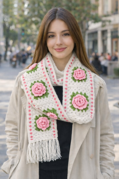diğerr1 Megahan Handmade Tig Filled White Pink Rose Motif Trendy Scarf and Gl...
