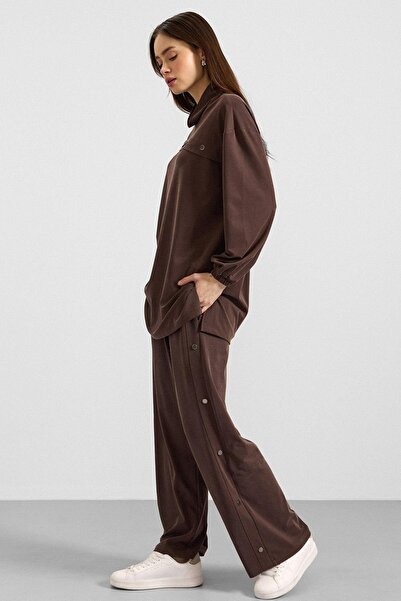 Olcay Premium Fabric Sweat Pant Set with Metal Accessories Brown 9404-Tk