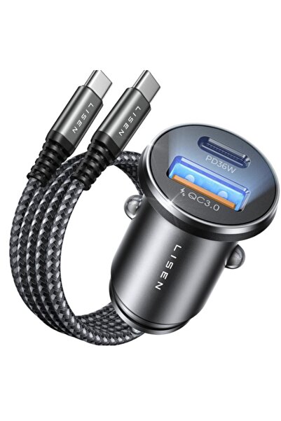 LISEN Încărcător auto 36W 1x USB + 1x Tip-C cu cablu Type-C blindat, tensiune...