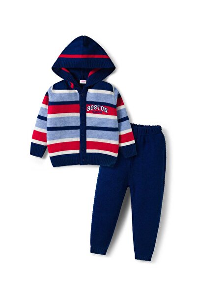 Babyhug Knitted Full Sleeves Hooded Sweater & Pants Set with Boston Design - ...