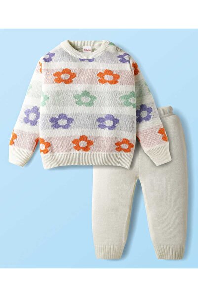 Babyhug Knitted Full Sleeves Sweater Set With Floral Design - White & Grey