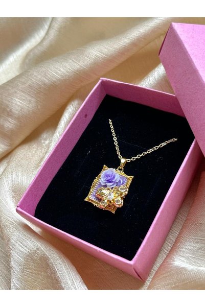 D&Z ACCESSORİES Valentine's Day Pink Gift Box |   Elegant Purple Necklace with Purple Embroidery Detail and Rose and Butterfly Figures