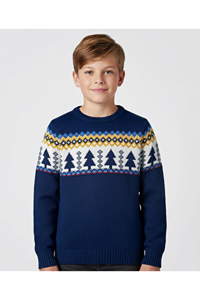 Pine kids Knit Full Sleeves Pullover Sweater with Tree Design - Navy Blue