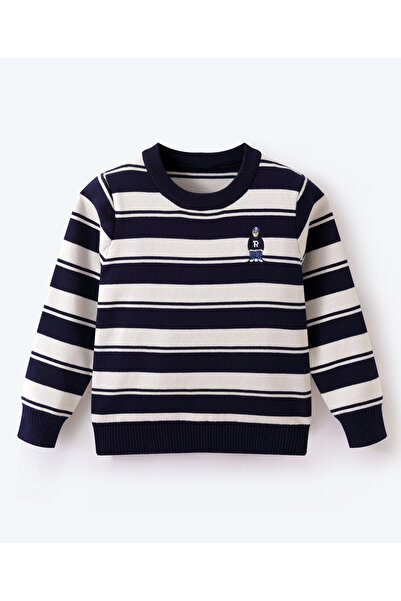 SAPS Full Sleeves Striped Pullover with Bear Embroidery - Navy