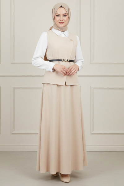 Kirazgym Women's Cross-Buttoned Vest Skirt Hijab Two-Piece Set - Beige