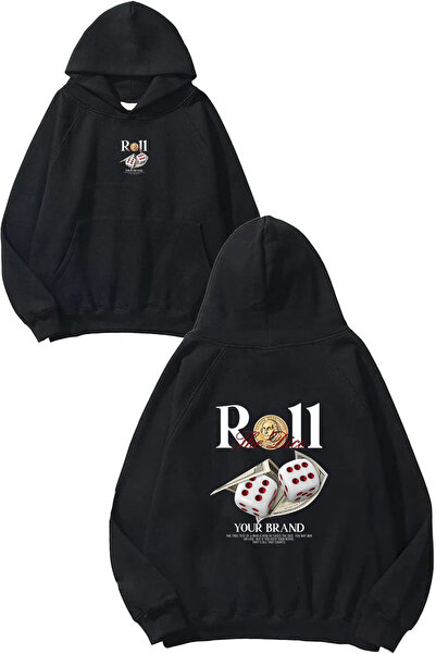 VSRN Hanorac negru supradimensionat cu glugă, imprimat cu designul Your Roll
