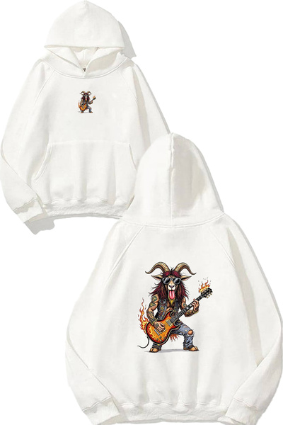 VSRN Goat Rocker Design Printed Oversize White Hooded Sweatshirt