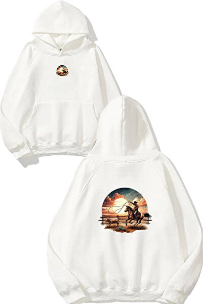 VSRN Cowboy Caught Design Printed Oversize White Hooded Sweatshirt